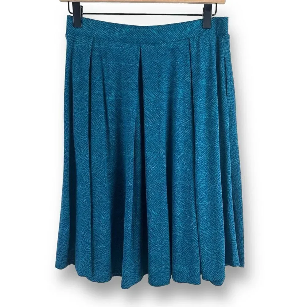 LuLaRoe Women's‎ S Pull On Box Pleat Midi Skirt Blue Herringbone Print Modest